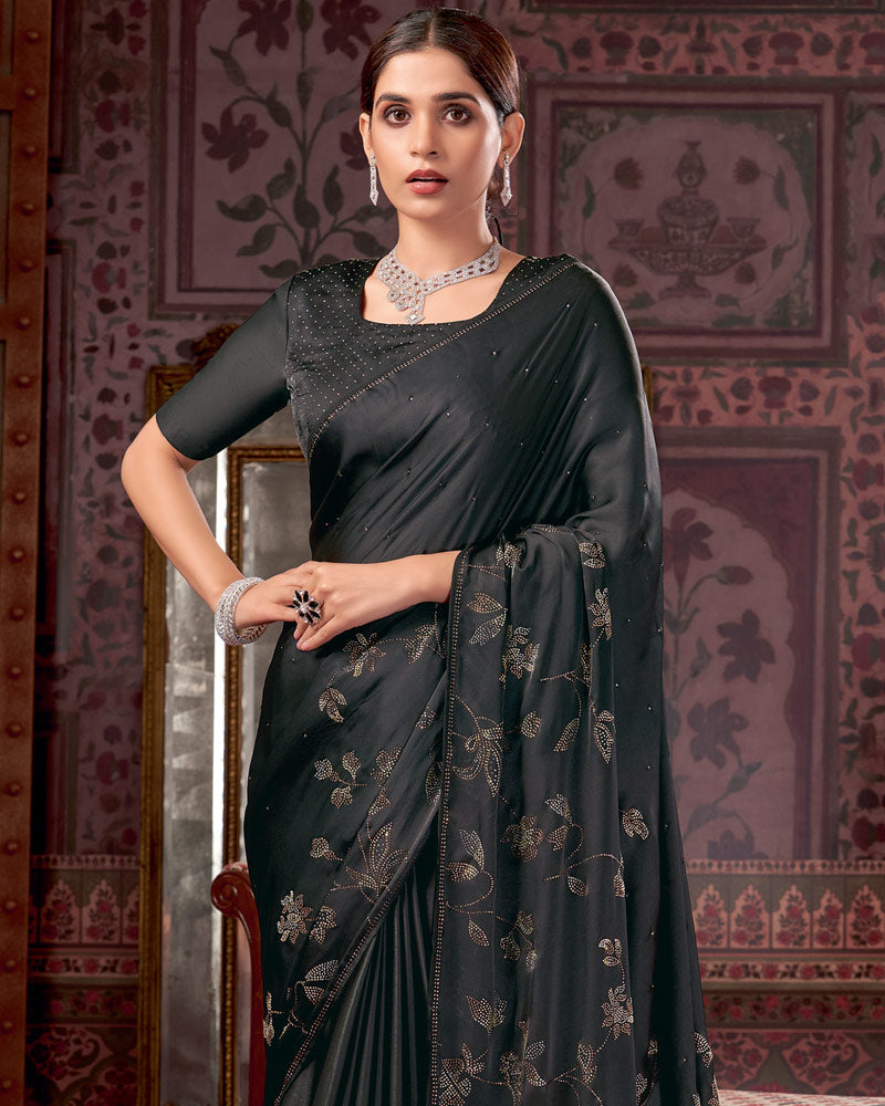 Vishal Prints Black Premium Satin Saree With Stone Diamond Work