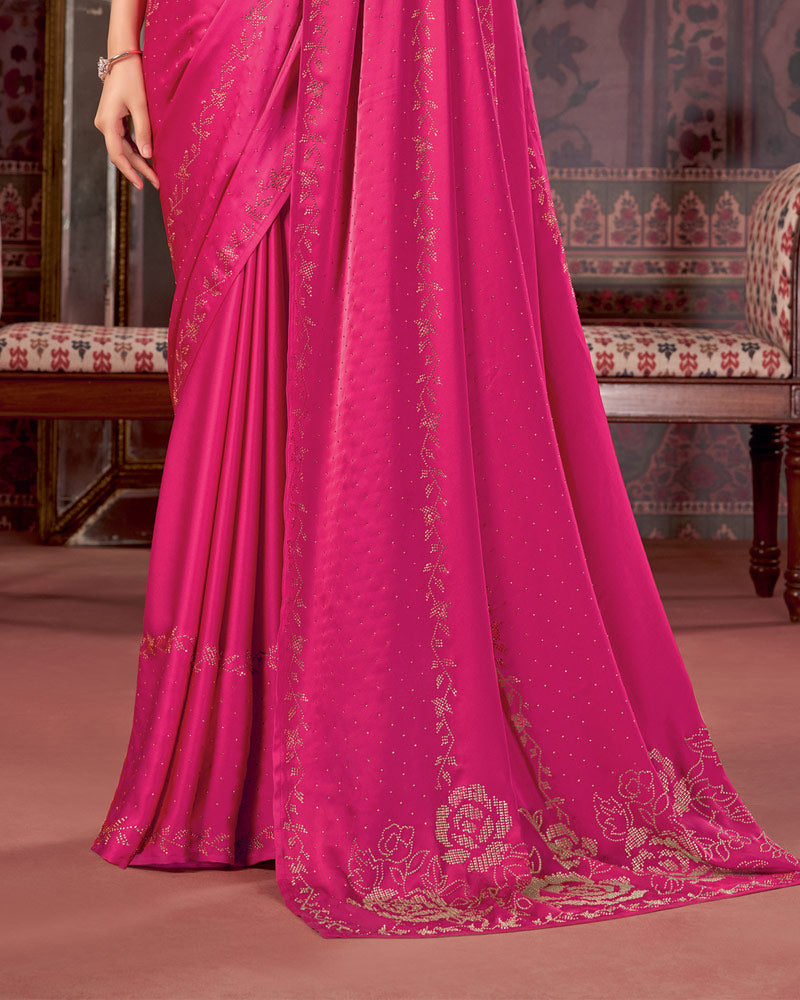 Vishal Prints Hot Pink Premium Satin Saree With Stone Diamond Work