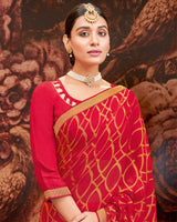 Vishal Prints Cherry Red Printed Brasso Saree With Zari Border