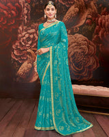 Vishal Prints Dark Turquoise Blue Printed Brasso Saree With Zari Border