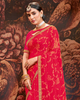 Vishal Prints Pinkish Red Printed Brasso Saree With Zari Border