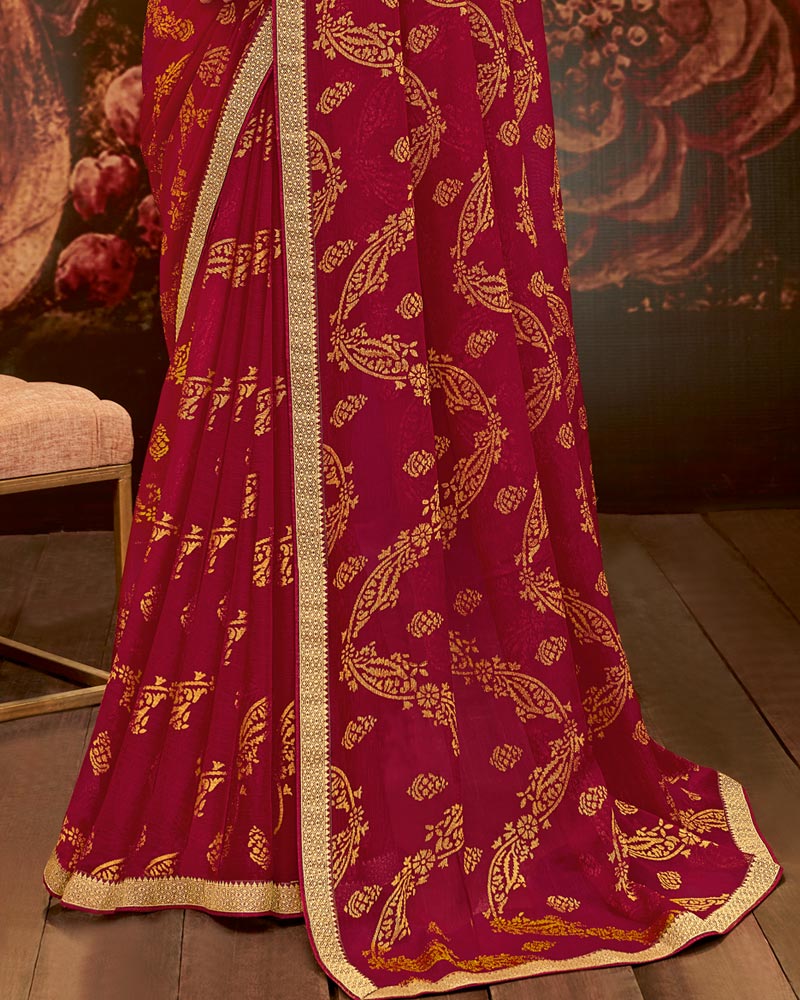 Vishal Prints Dark Red Printed Brasso Saree With Zari Border