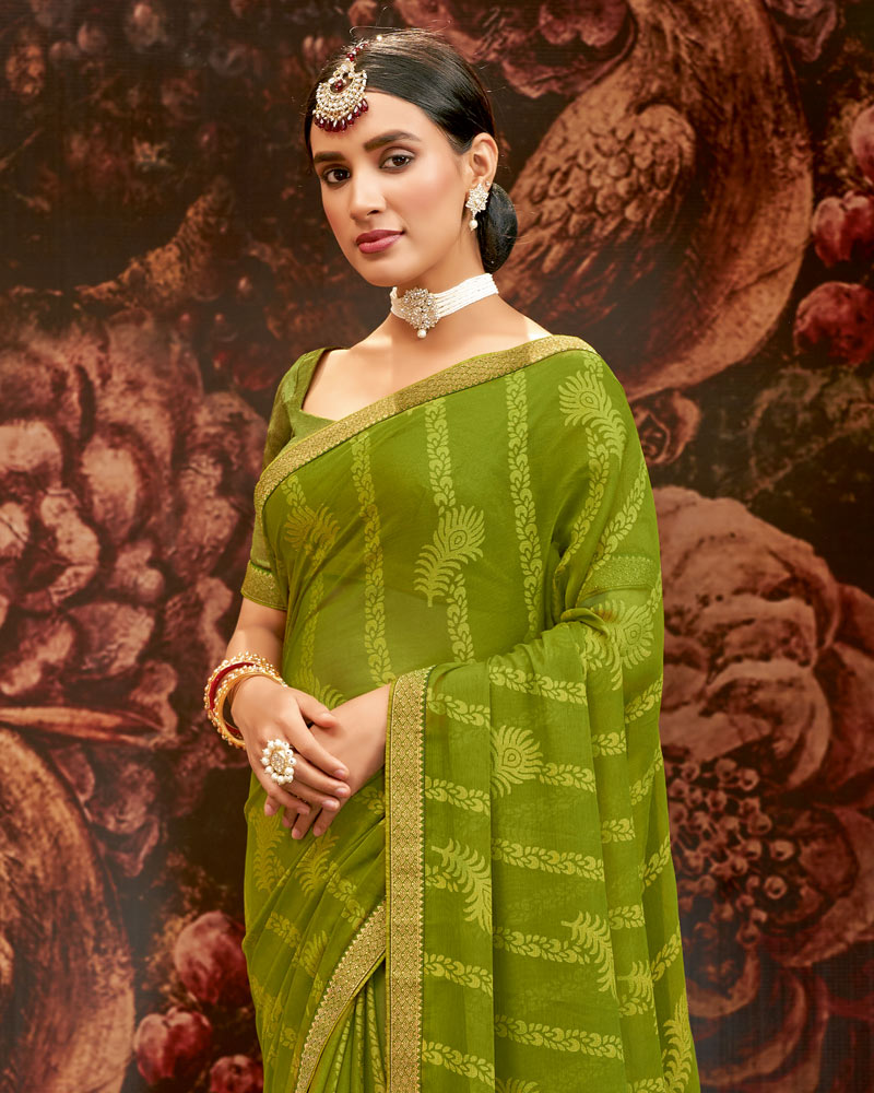 Vishal Prints Olive Green Printed Brasso Saree With Zari Border
