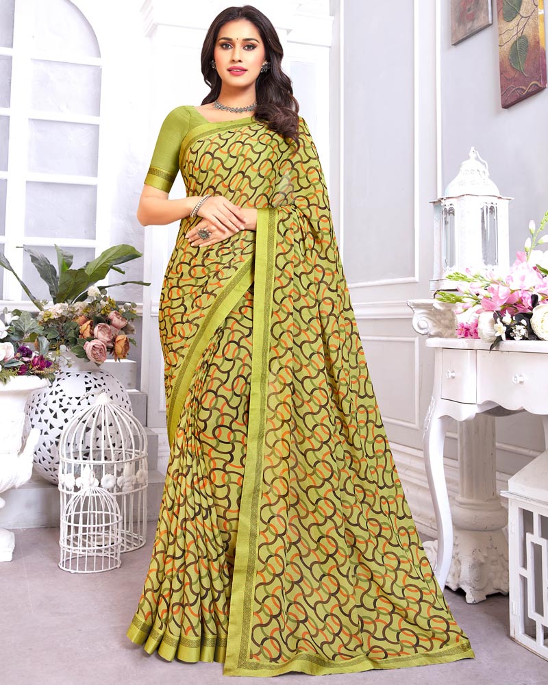 Vishal Prints Light Olive Green Printed Chiffon Saree With Fancy Border