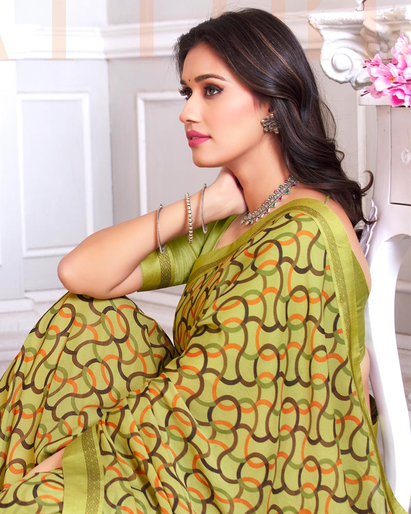 Vishal Prints Light Olive Green Printed Chiffon Saree With Fancy Border