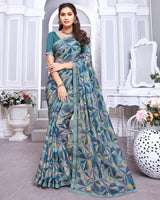 Vishal Prints Dusty Blue Printed Chiffon Saree With Fancy Border