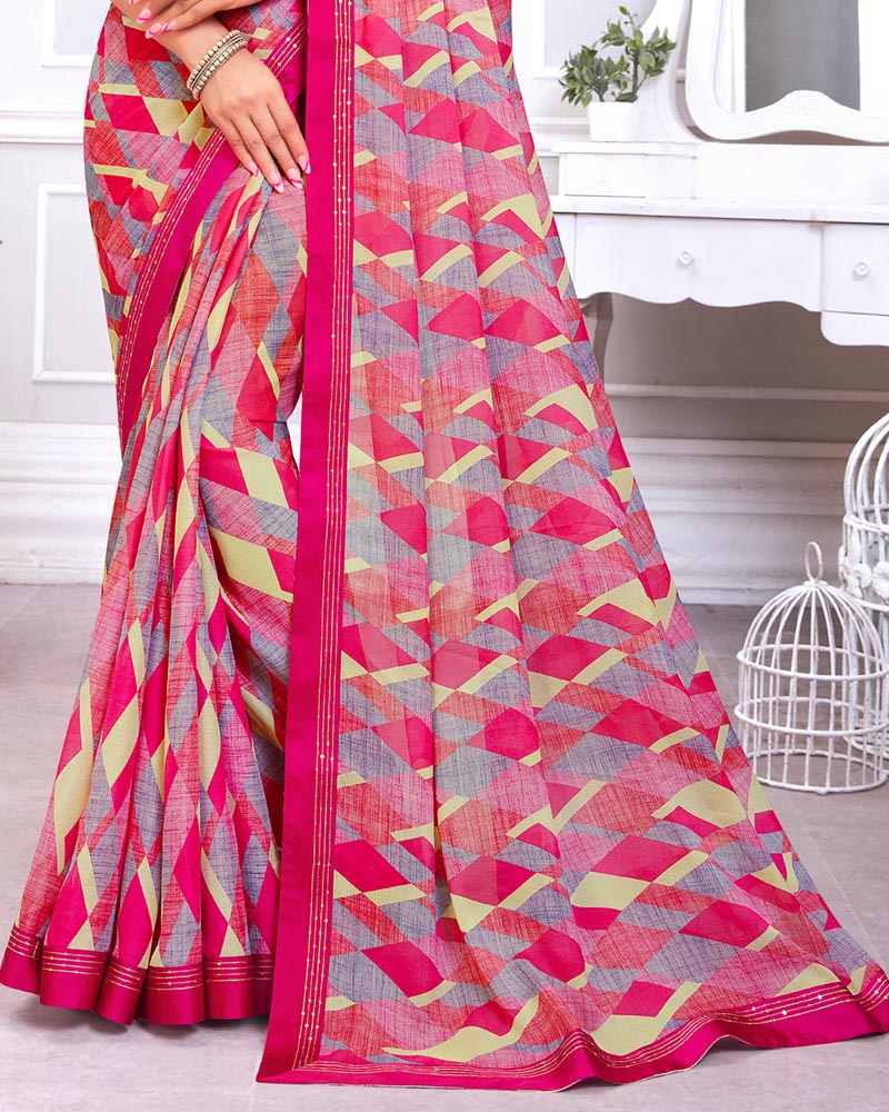 Vishal Prints Dark Pink Printed Chiffon Saree With Fancy Border
