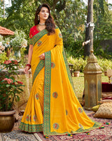 Vishal Prints Dark Yellow Art Silk Saree With Embroidery Work And Tassel