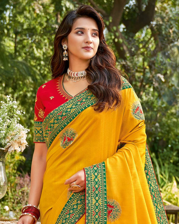 Vishal Prints Dark Yellow Art Silk Saree With Embroidery Work And Tassel