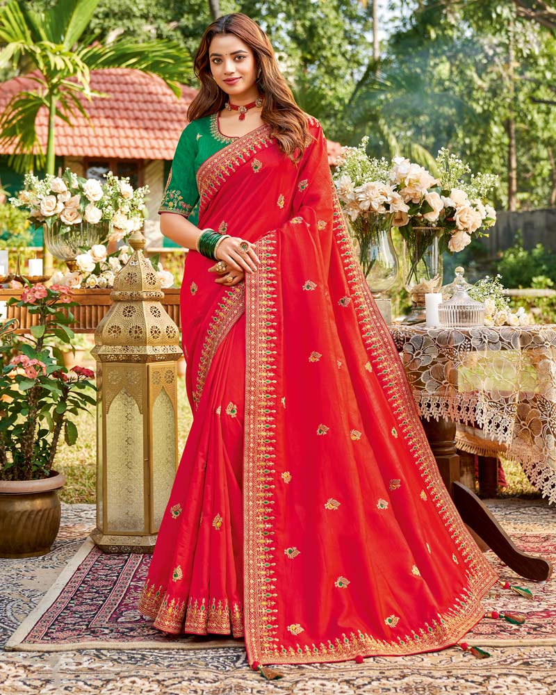 Vishal Prints Lava Red Art Silk Saree With Embroidery Work And Tassel