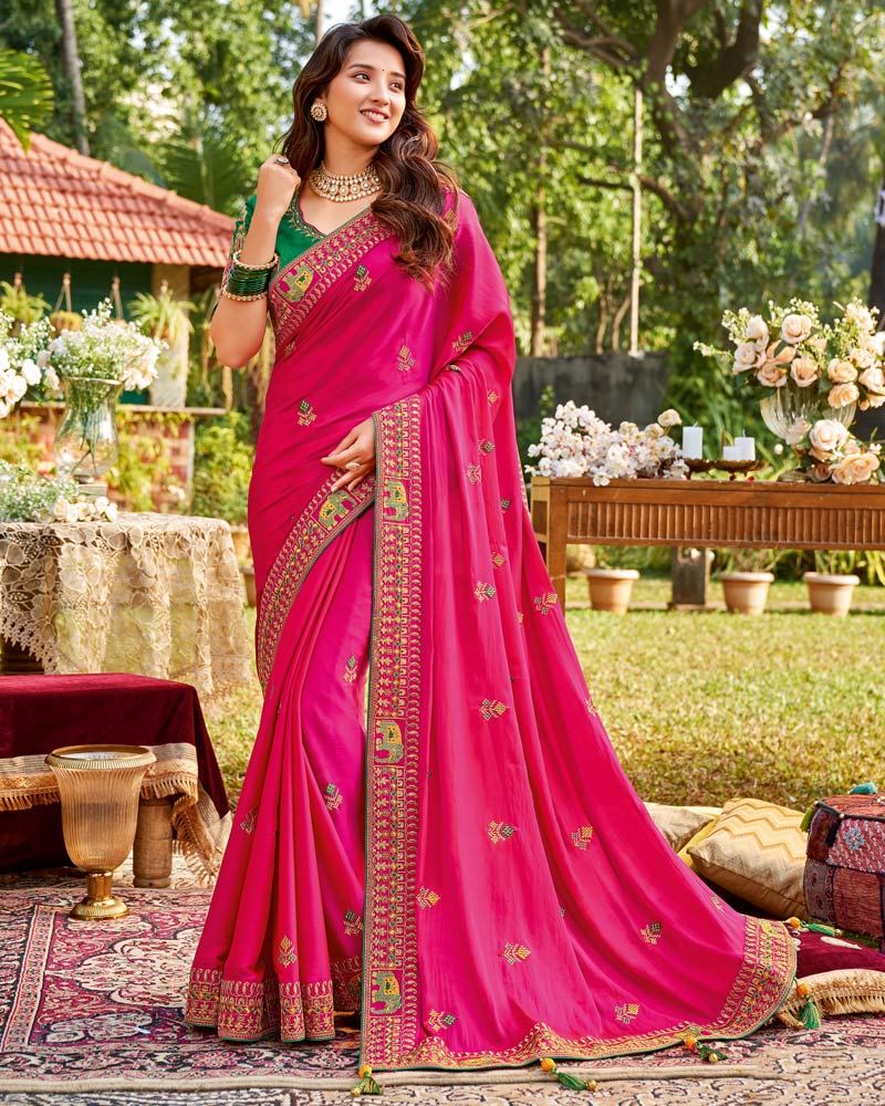 Vishal Prints Dark Hot Pink Art Silk Saree With Embroidery Work And Tassel
