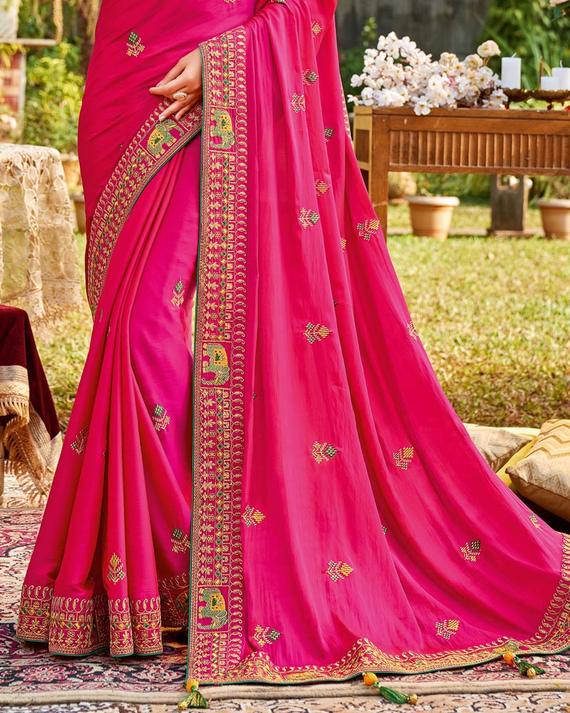 Vishal Prints Dark Hot Pink Art Silk Saree With Embroidery Work And Tassel
