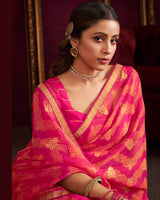 Vishal Prints Red Pink Fancy Chiffon Saree With Foil Print And Zari Border