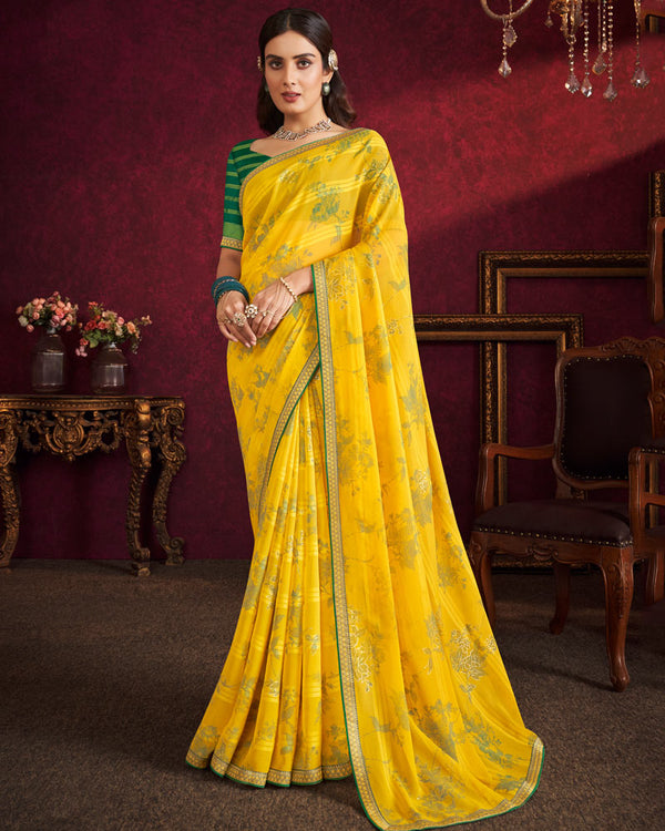 Vishal Prints Golden Yellow Fancy Chiffon Saree With Foil Print And Zari Border