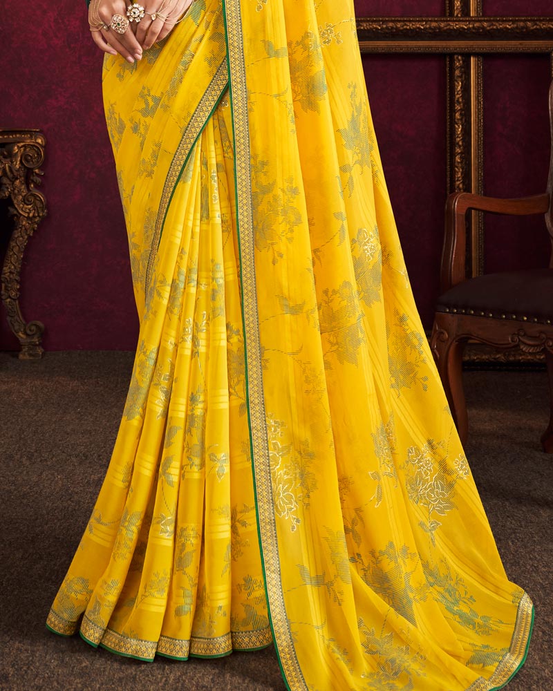 Vishal Prints Golden Yellow Fancy Chiffon Saree With Foil Print And Zari Border