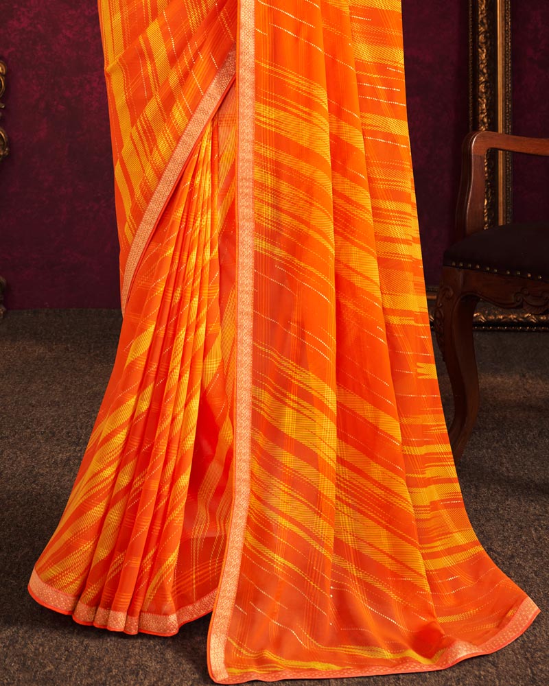 Vishal Prints Dark Orange Fancy Chiffon Saree With Foil Print And Zari Border