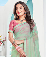 Vishal Prints Shadow Green Printed Chiffon Saree With Fancy Border