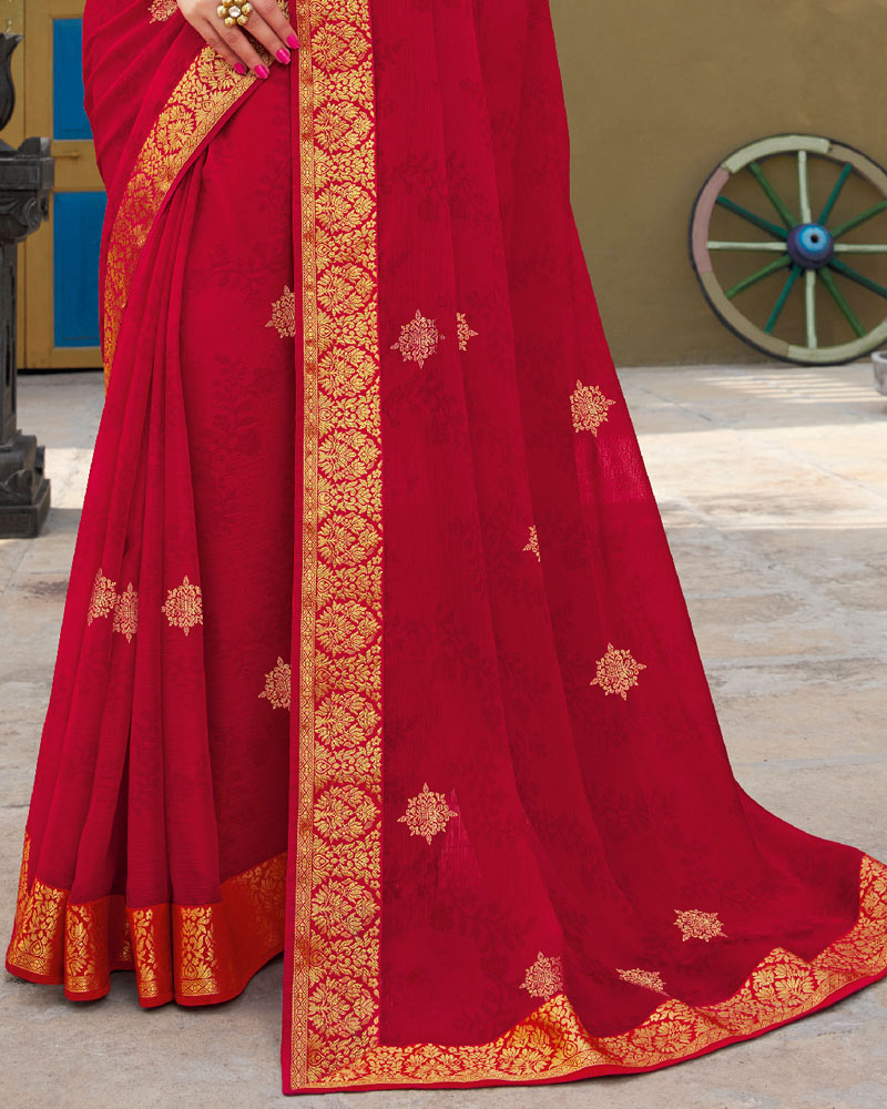 Vishal Prints Red Chiffon Saree With Foil Print And Zari Border