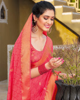 Vishal Prints Pink Chiffon Saree With Foil Print And Zari Border