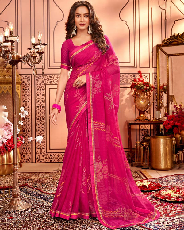 Vishal Prints Red Pink Designer Brasso Saree With Diamond And Foil Work