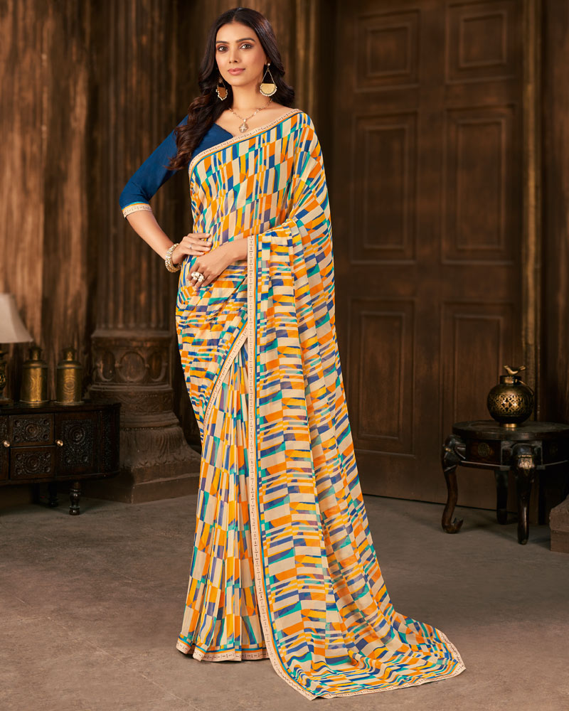 Vishal Prints Off White Printed Georgette Saree With Fancy Border