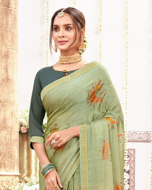 Vishal Prints Mist Green Designer Fancy Chiffon Saree With Foil Print And Border