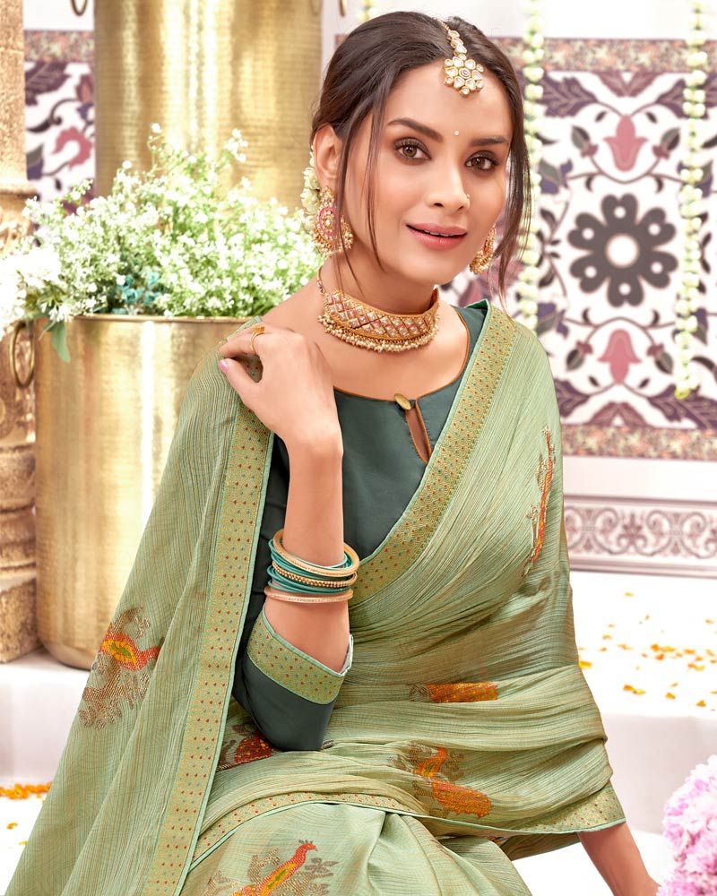 Vishal Prints Mist Green Designer Fancy Chiffon Saree With Foil Print And Border