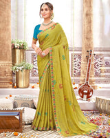 Vishal Prints Olive Yellow Designer Fancy Chiffon Saree With Foil Print And Border