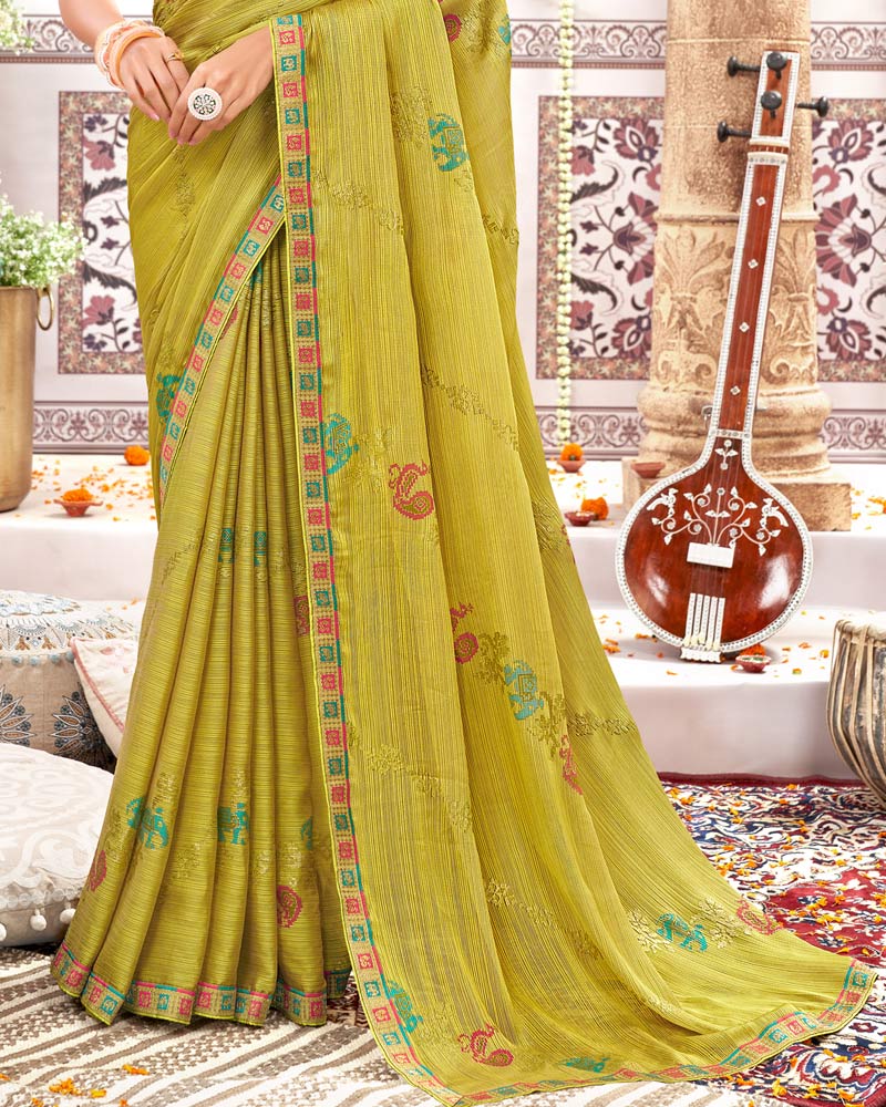 Vishal Prints Olive Yellow Designer Fancy Chiffon Saree With Foil Print And Border