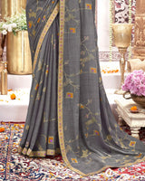 Vishal Prints Charcoal Grey Designer Fancy Chiffon Saree With Foil Print And Border