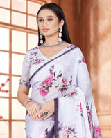 Vishal Prints White Lilac Digital Print Organza Saree With Diamond Work