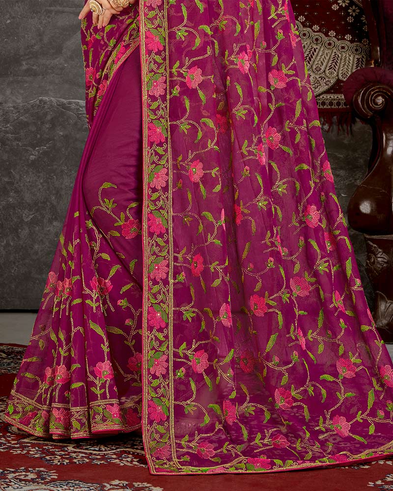 Vishal Prints Wine Fancy Chiffon Embroidery Work Saree With Core Piping