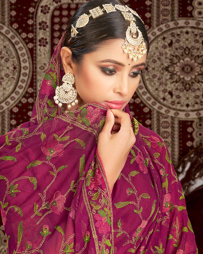 Vishal Prints Wine Fancy Chiffon Embroidery Work Saree With Core Piping