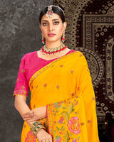 Vishal Prints Golden Yellow Fancy Chiffon Embroidery Work Saree With Core Piping