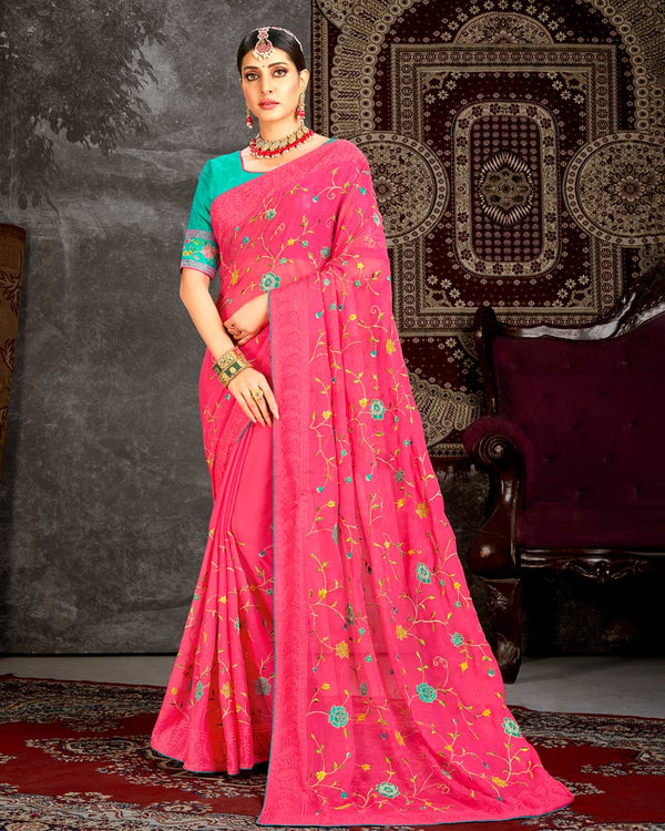 Vishal Prints Red Pink Fancy Chiffon Embroidery Work Saree With Core Piping