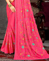 Vishal Prints Red Pink Fancy Chiffon Embroidery Work Saree With Core Piping