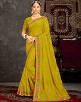 Vishal Prints Light Mehandi Green Fancy Chiffon Embroidery Work Saree With Core Piping