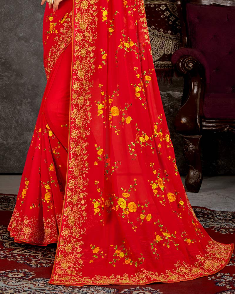 Vishal Prints Red Fancy Chiffon Embroidery Work Saree With Core Piping