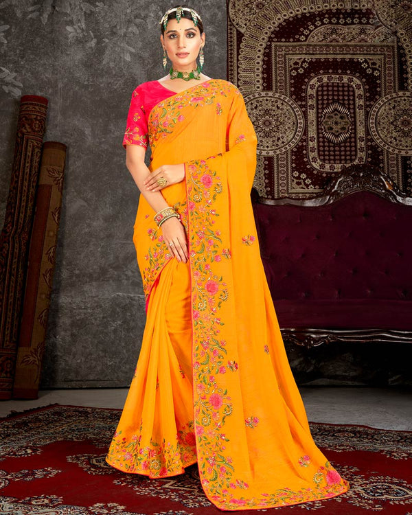 Vishal Prints Yellowish Orange Fancy Chiffon Embroidery Work Saree With Core Piping