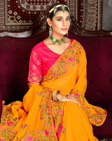 Vishal Prints Yellowish Orange Fancy Chiffon Embroidery Work Saree With Core Piping