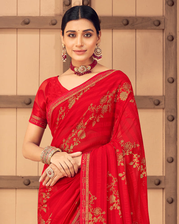 Vishal Prints Red Patterned Georgette Saree With Foil Print And Border