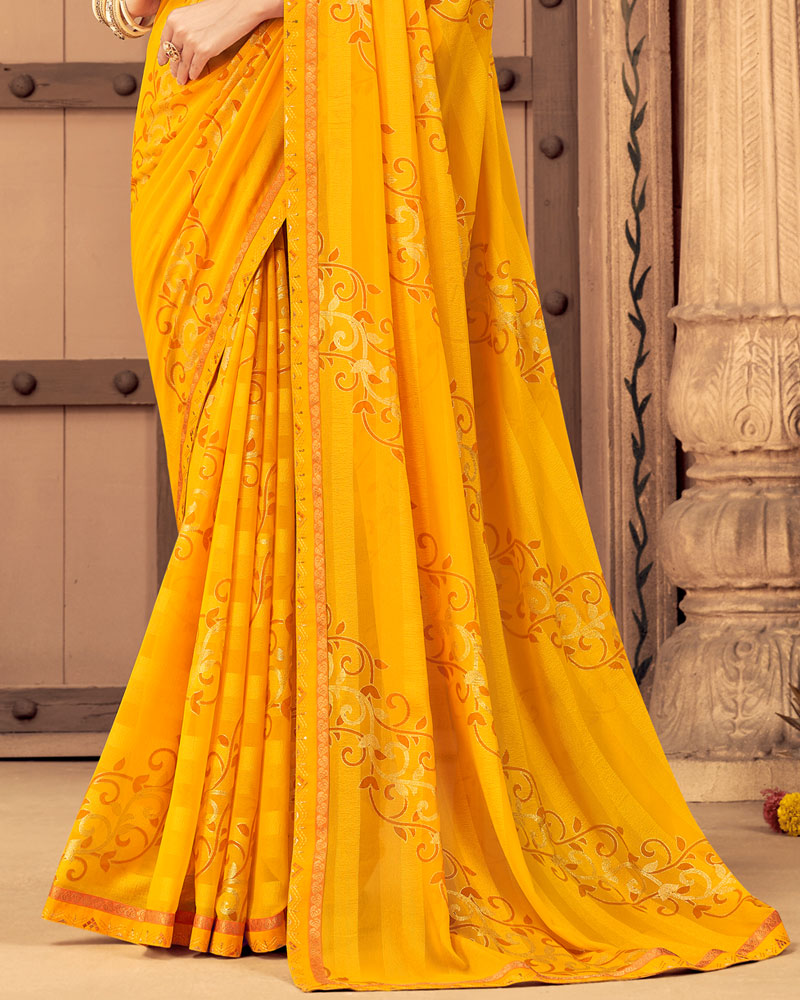 Vishal Prints Dark Yellow Patterned Georgette Saree With Foil Print And Border