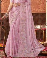 Vishal Prints Baby Pink Designer Organza Saree With Embroidery Diamond Work And Core Piping