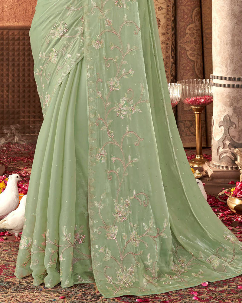 Vishal Prints Turquoise Green Designer Organza Saree With Embroidery Diamond Work And Core Piping