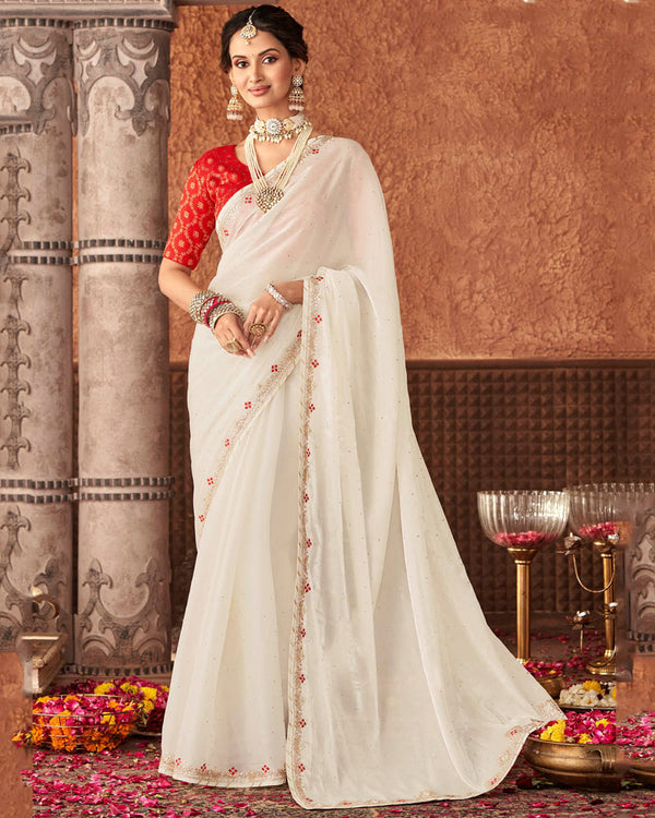 Vishal Prints Off White Designer Organza Saree With Embroidery Diamond Work And Core Piping