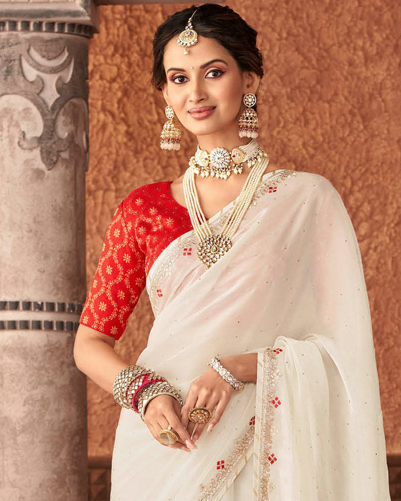 Vishal Prints Off White Designer Organza Saree With Embroidery Diamond Work And Core Piping