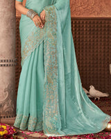 Vishal Prints Pastel Teal Green Designer Organza Saree With Embroidery Diamond Work And Core Piping