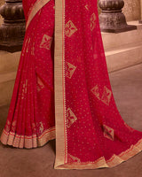 Vishal Prints Dark Red Chiffon Saree With Foil Print And Zari Border