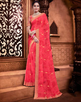Vishal Prints Pastel Red Chiffon Saree With Foil Print And Zari Border