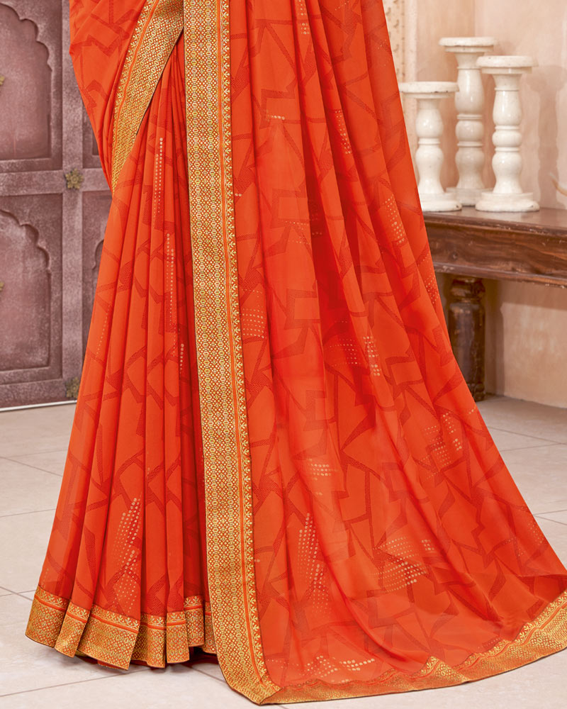 Vishal Prints Dark Orange Chiffon Saree With Foil Print And Zari Border